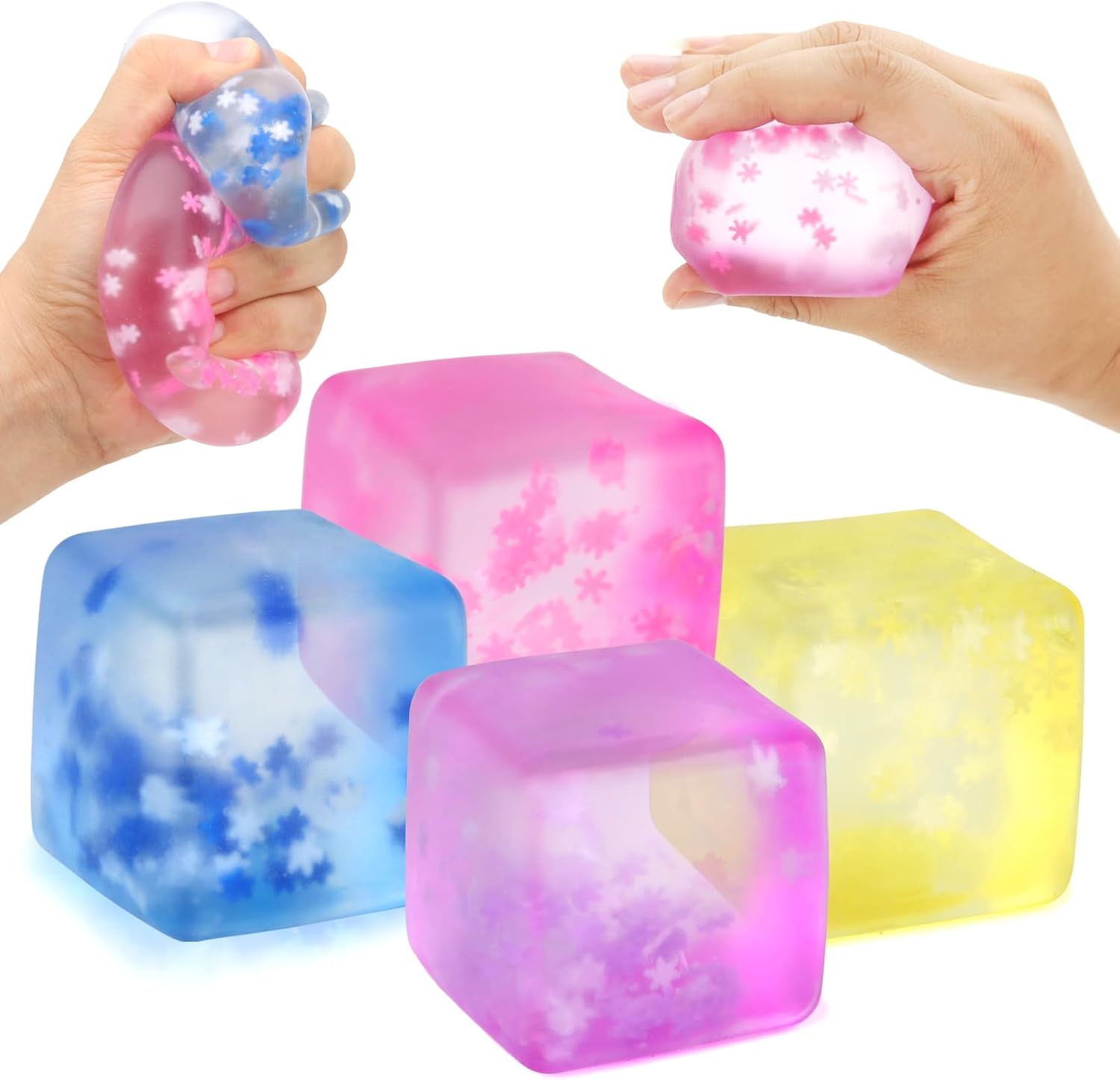 Fidget Toy Stress Cube- 4 Pack Sensory Squeeze Toys, Slow Rising Squishy Cube Filled with Thick Substance and Snowflakes Crafts, Anxiety Stress Relief Calming Tool for Adults and Kids
