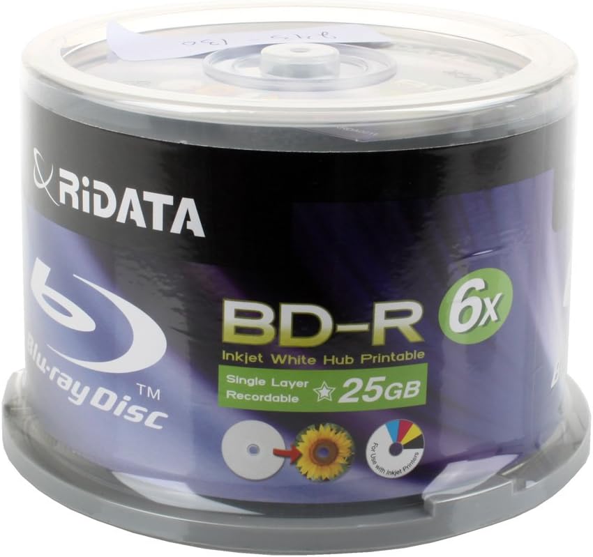 Ritek Ridata Blu ray Media Disc BD R Disc 6X 25GB White Inkjet Hub 