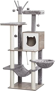 HOOBRO Cat Tower for Indoor Cats, Wooden Cat Tree, Tall Cat Condo with Cat Scratching Posts, 2 Cat Hammocks, Soft Perches, Removable Pompom Sticks, Multi-Level Cat Tower Play House, Greige BG48CT03