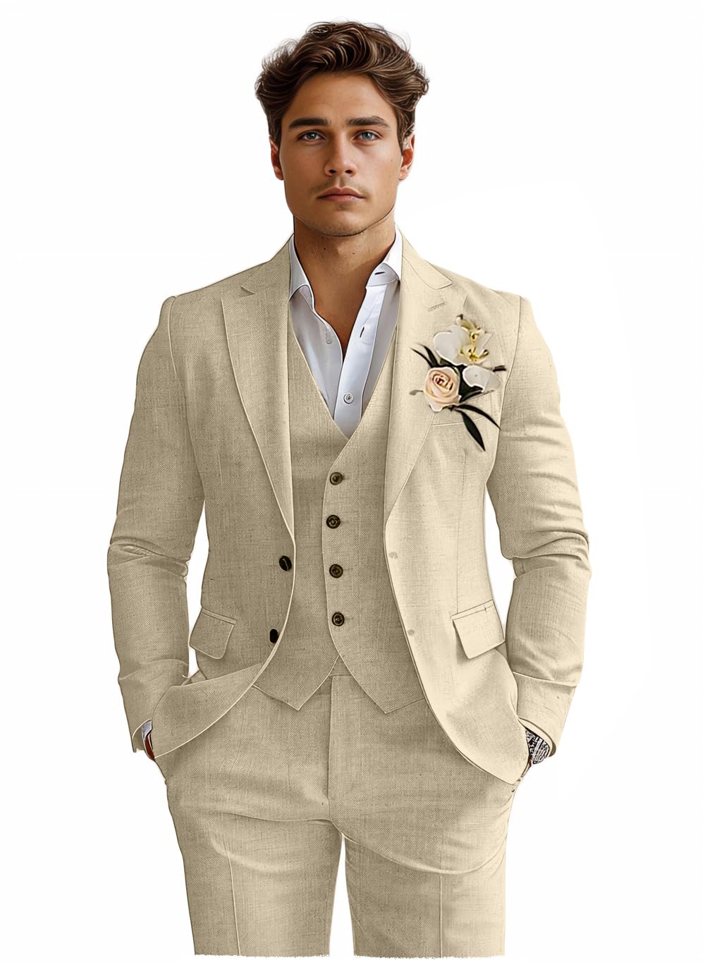 Photo 1 of Mens Linen Suits 3 Piece Classic Fit Champagne Tuxedo Suit for Wedding Lightweight Formal Business Blazer Jacket and Pants M