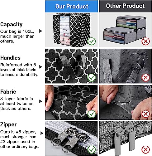 Image of Non-Woven Fabric Moroccon Print Storage Bags [3 Pack /100L] Large Blanket Clothes Organization And Storage Containers For Comforters, Bedding, Foldable Organizer, Black Best Storage Bag 3 packs
