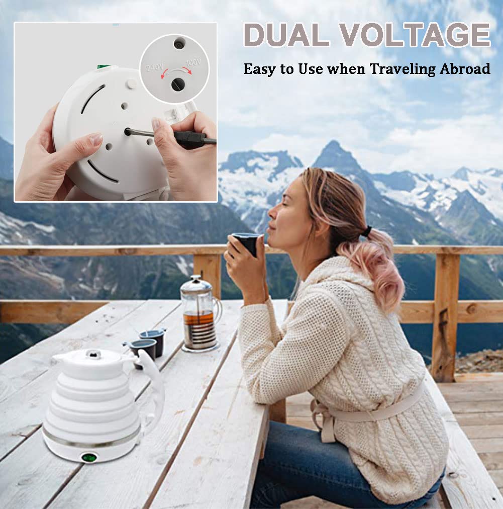 Bollitore elettrico pieghevole da viaggio,scaldabagno elettrico da campeggio 555ml in silicone per acqua calda,bollitore pieghevole a doppia tensione con fondo in acciaio inossidabile bianco 100-240V