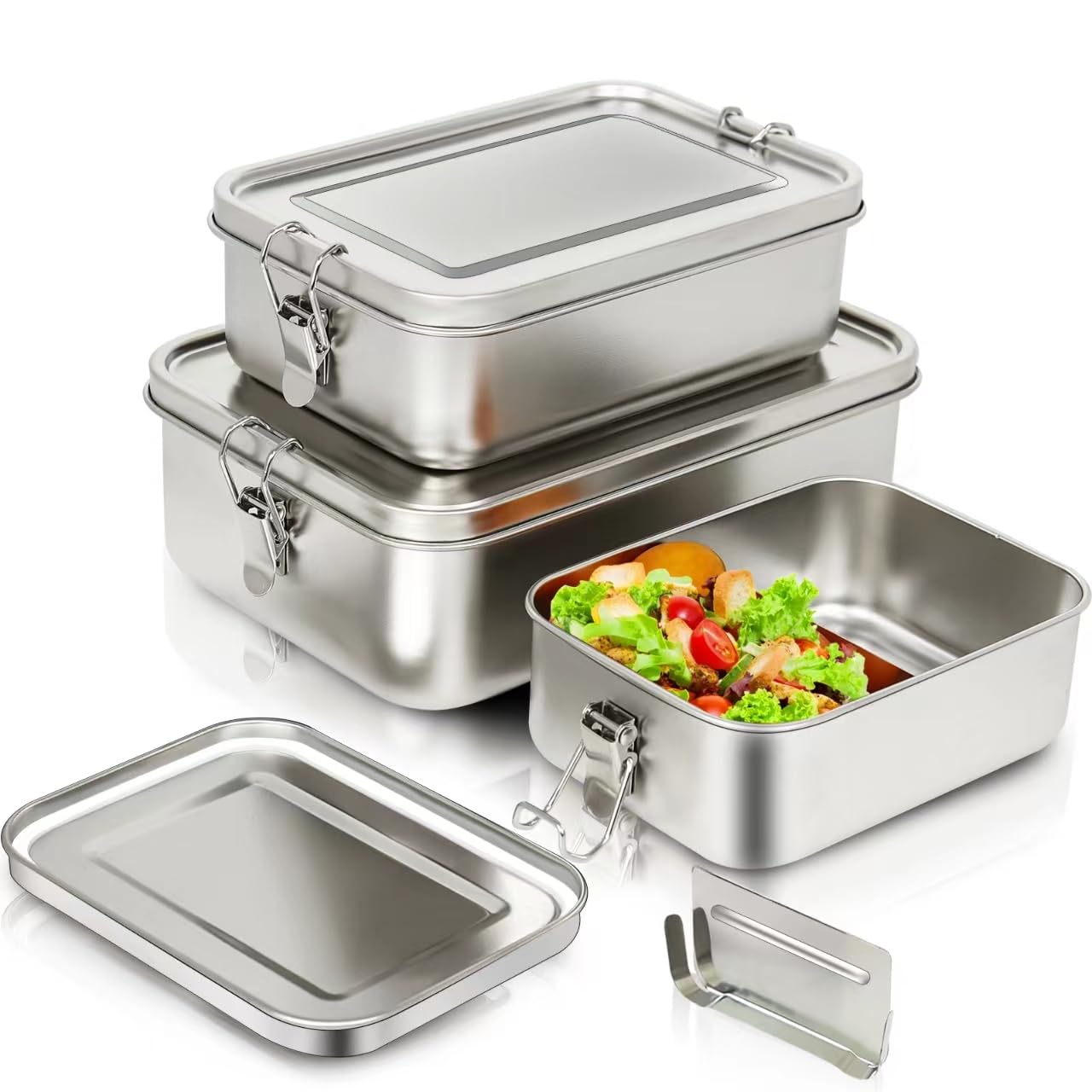 Juego de 3 cajas bento de acero inoxidable 304, con fiambrera de acero inoxidable en los volúmenes de 2400 ml, 1400 ml y 850 ml, fiambrera de acero inoxidable para sopa, ensalada y comidas