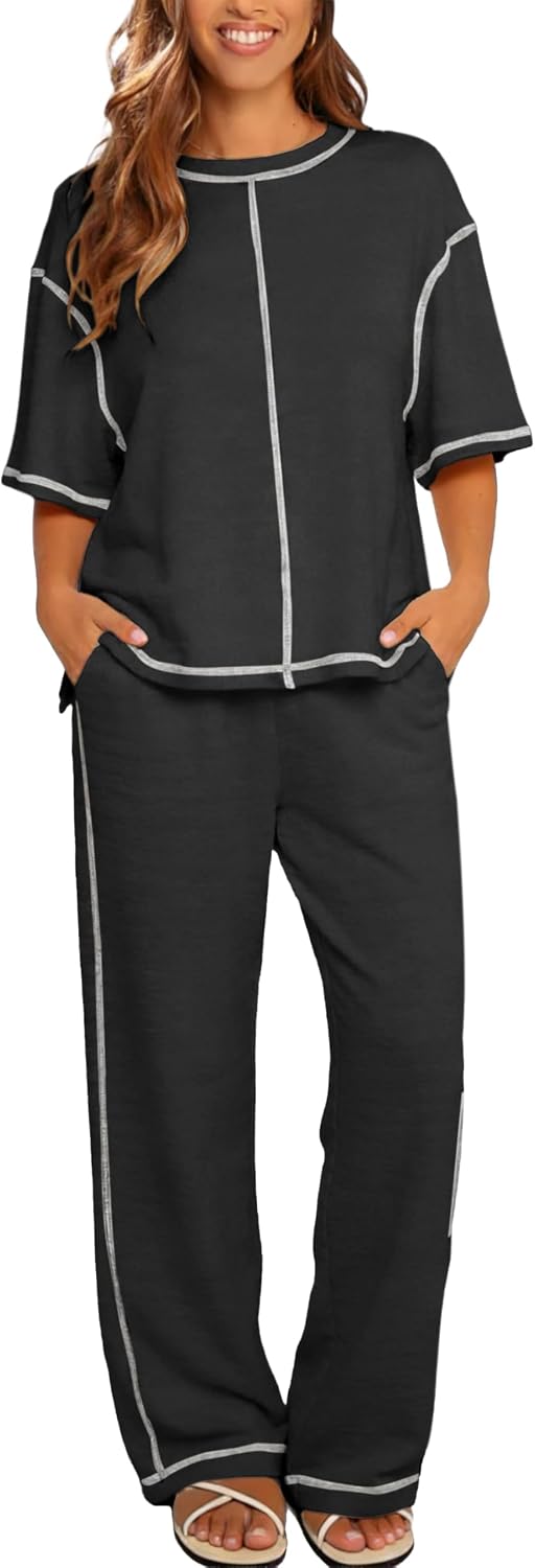 LTSCNRM Women's 2 Piece Lounge Set Casual Short Sleeve Top Elastic Waist Pants with Pocket Travel Vacation Weekend Outfits