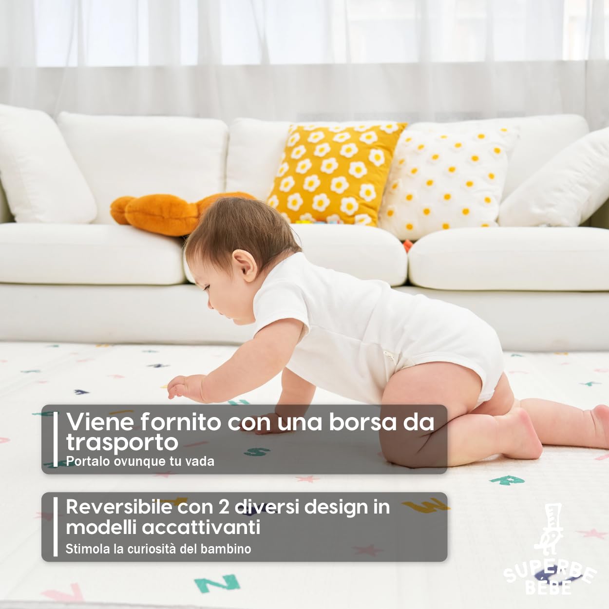 Tappeto Gioco Bambini Pieghevole 180x200x1.5cm Palestrina Neonato Montessori Reversibile Non Tossico E Impermeabile In Schiuma Per Bimbi. Palestra Neonati - Tappeto Tummy Time Neonati - Regalo Bambino