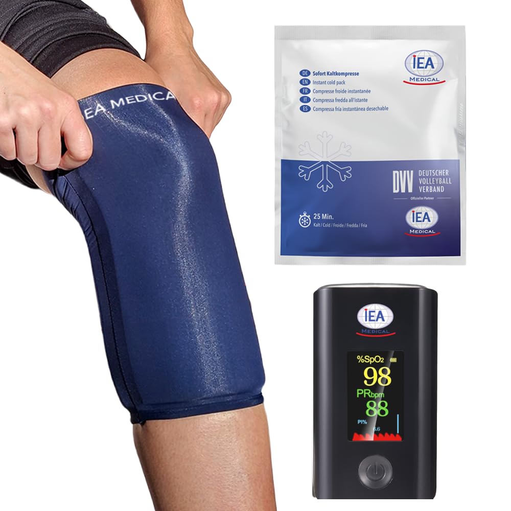 IEA Medical Runner Starter Set – 10 Sofort-Kaltkompressen, Kühlmanschette L & Pulsoximeter für Laufveranstaltungen, Sportverletzungen, schnelle Kühlung und mobile Erstversorgung