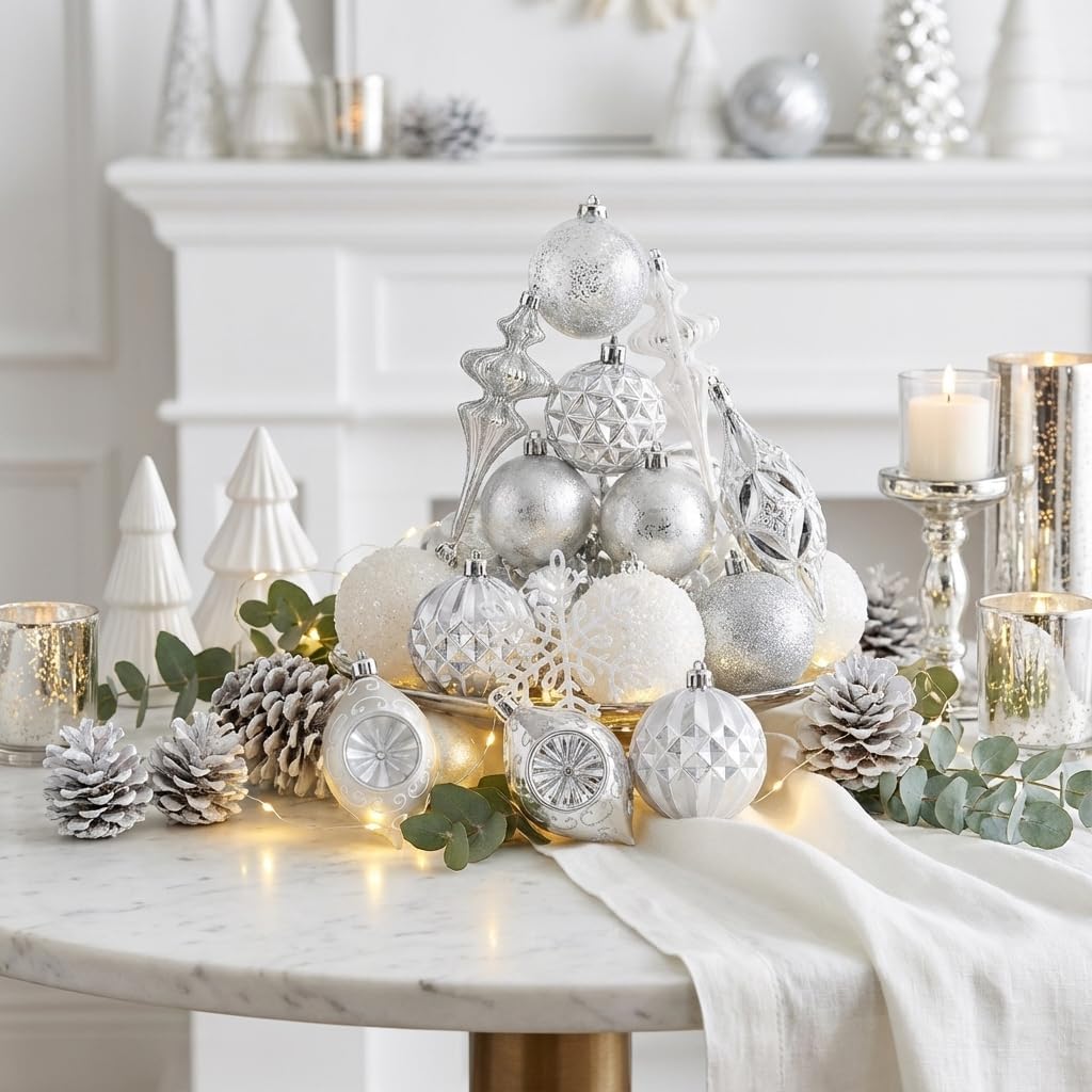 Valery Madelyn Christmas Ball Ornaments for, 50ct White and Silver Shatterproof Christmas Tree Decorations Set, Elegant Hanging Ornaments for Xmas Trees Bulk Holiday Wedding Party Decor