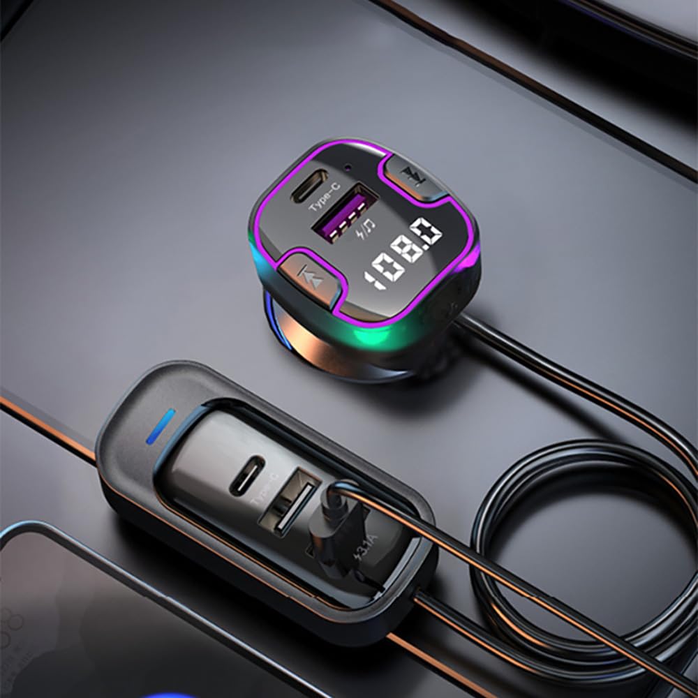 Alanph Bluetooth 5.3 Adapter for Car, 5 Ports Wireless FM Radio Transmitter for Car, Radio Bluetooth Receiver, Hands-Free Calling [U Disk &Colorful Ambient Lighting]