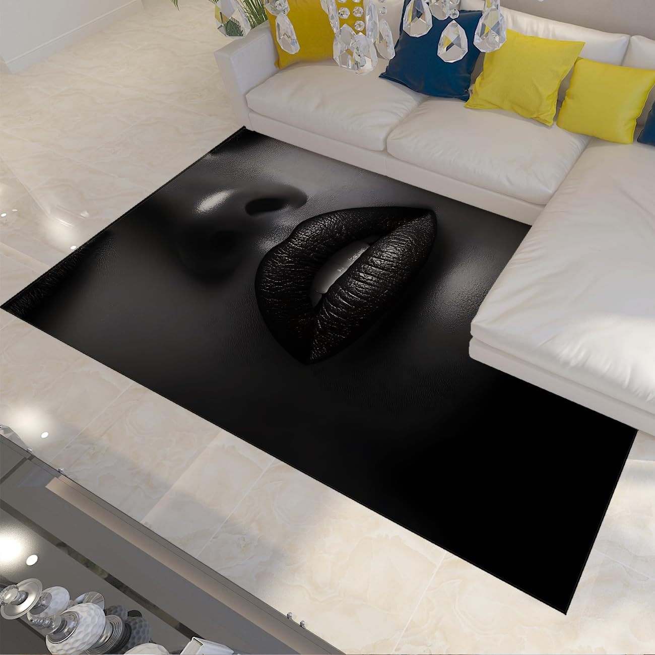 Tapis de salon 160x230cm à lèvre noire et silhouette monochrome pliable