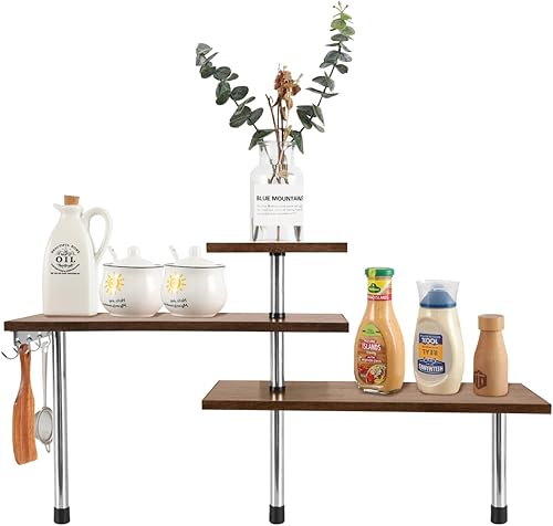 OUTREE Organizador de 3 niveles para encimera de cocina con ganchos, organizador de esquina ajustable, estante esquinero independiente para encimera