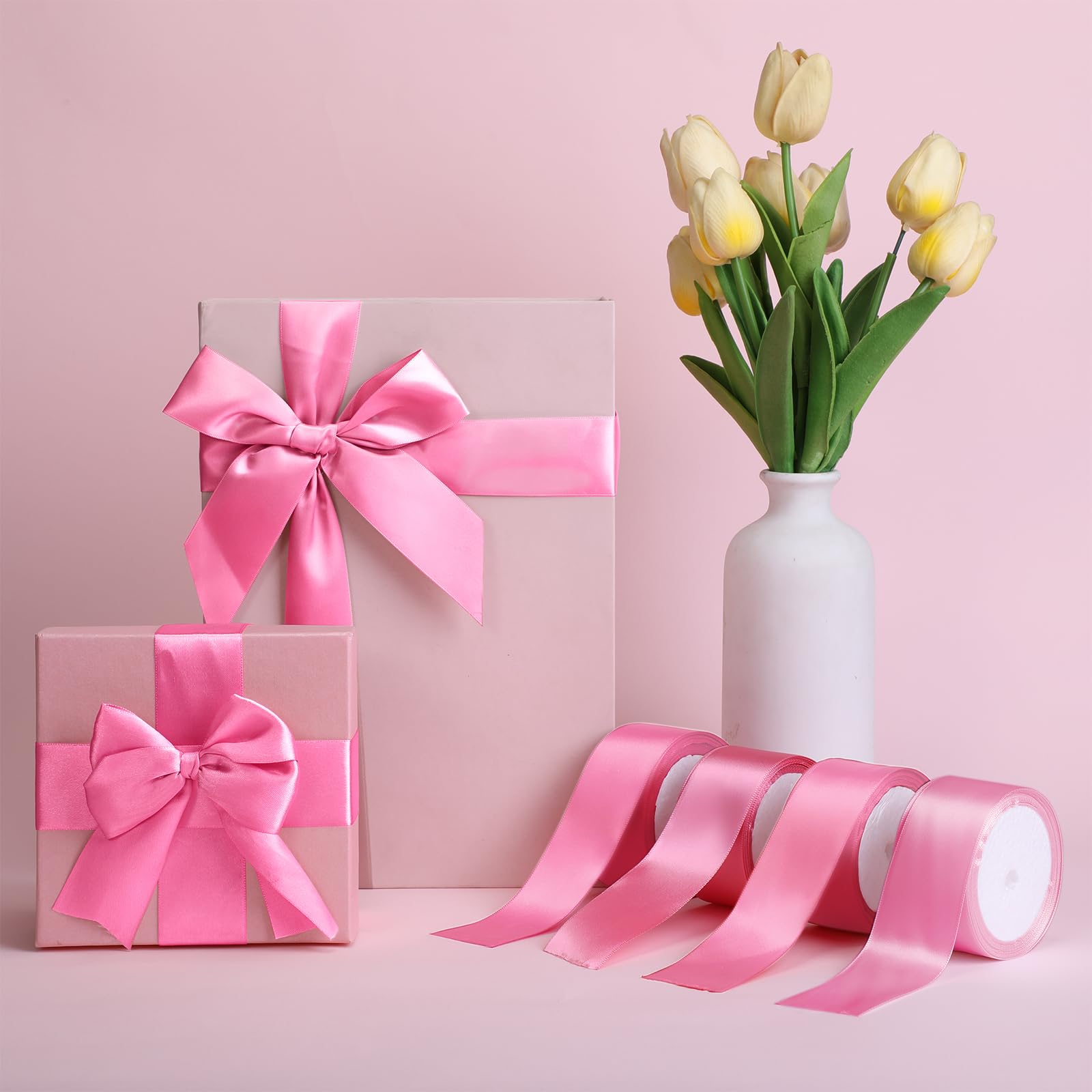 Giegxin Rollos de cinta de satén de regalo a granel de 40 yardas, cinta de tela sólida colorida para envolver ramos, lazos para el pelo, boda, baby shower, decoración de fiesta de cumpleaños (rosa