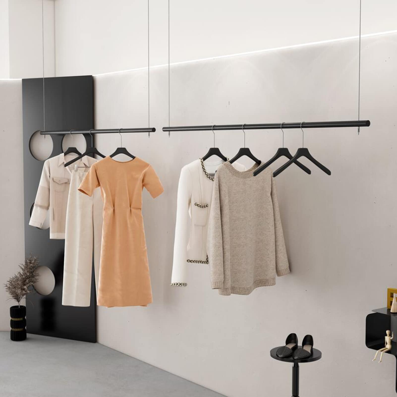 UYSELA Höhenverstellbare,an der Decke hängende Kleiderständer,robuste,kommerzielle Kleiderstange,Einzelhandels-Bekleidungsgeschäft-Präsentationsständer,schwarzer Schaufenster-Kleiderbügel aus Edels