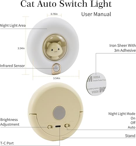 Miniatura 2 de Luz nocturna con sensor de movimiento de gato, color beige, recargable, inalámbrica, magnética, brillo ajustable, se pega en cualquier lugar,
