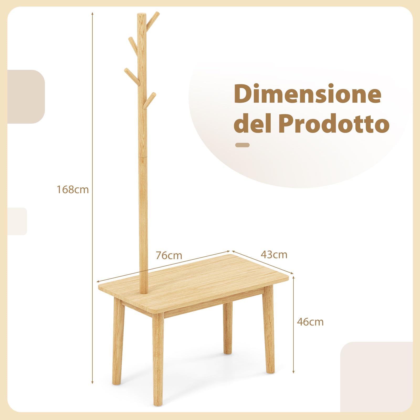 COSTWAY Appendiabiti in Legno con Tavolino, 2 in 1 Appendiabiti con Panca per Scarpe, 3 Ganci per Cappelli, Borse e Giacche, Attaccapanni per Camera Salotto Corridoio, Carico 140 kg (Naturale)