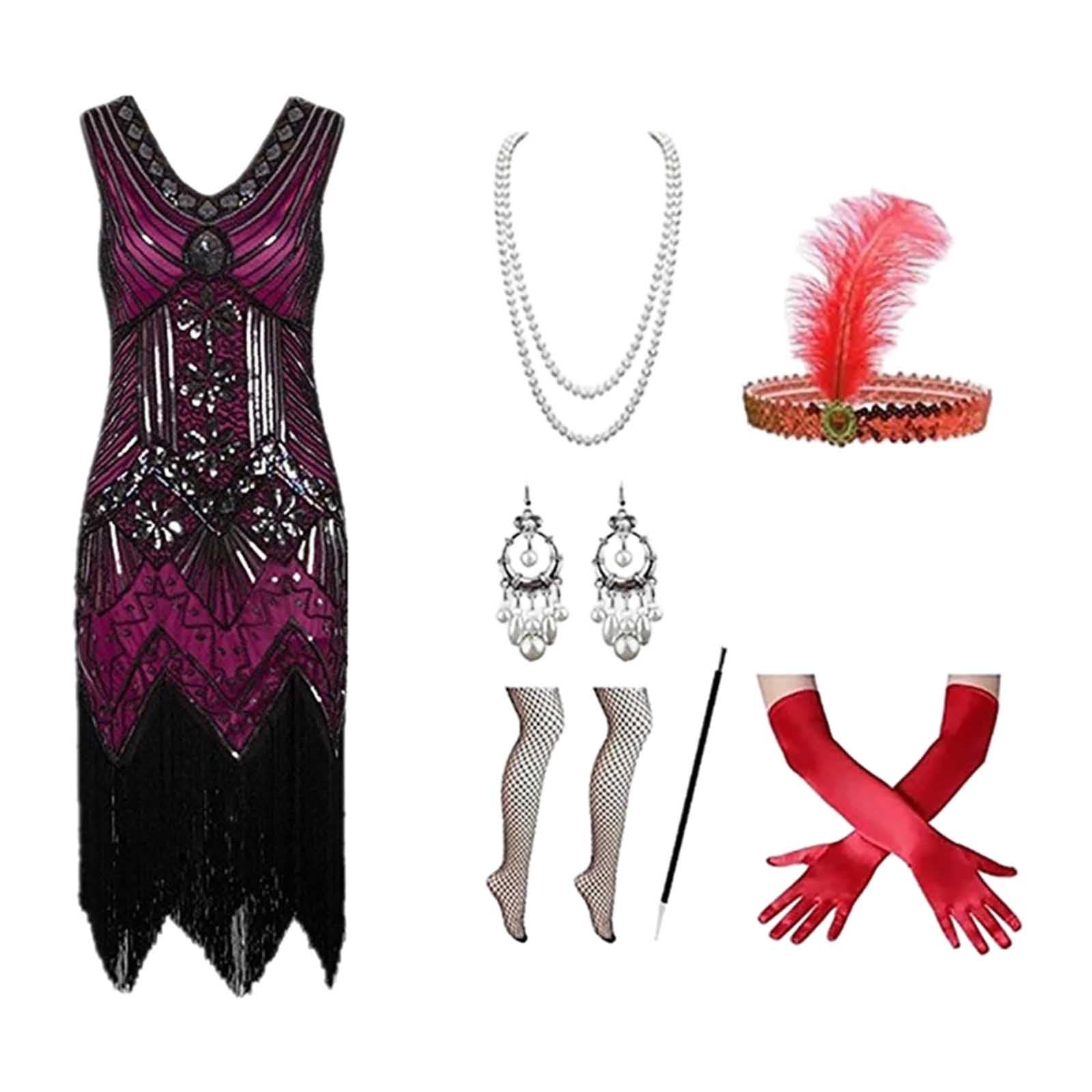 Halloween Costume Female 1920S Gowns Dresses Heavy Beaded Sequins Fringe Dresses Fancy Dress Costumes Women's with 20s Dress Accessories Carnival Costume Women (L) Hot Pink
