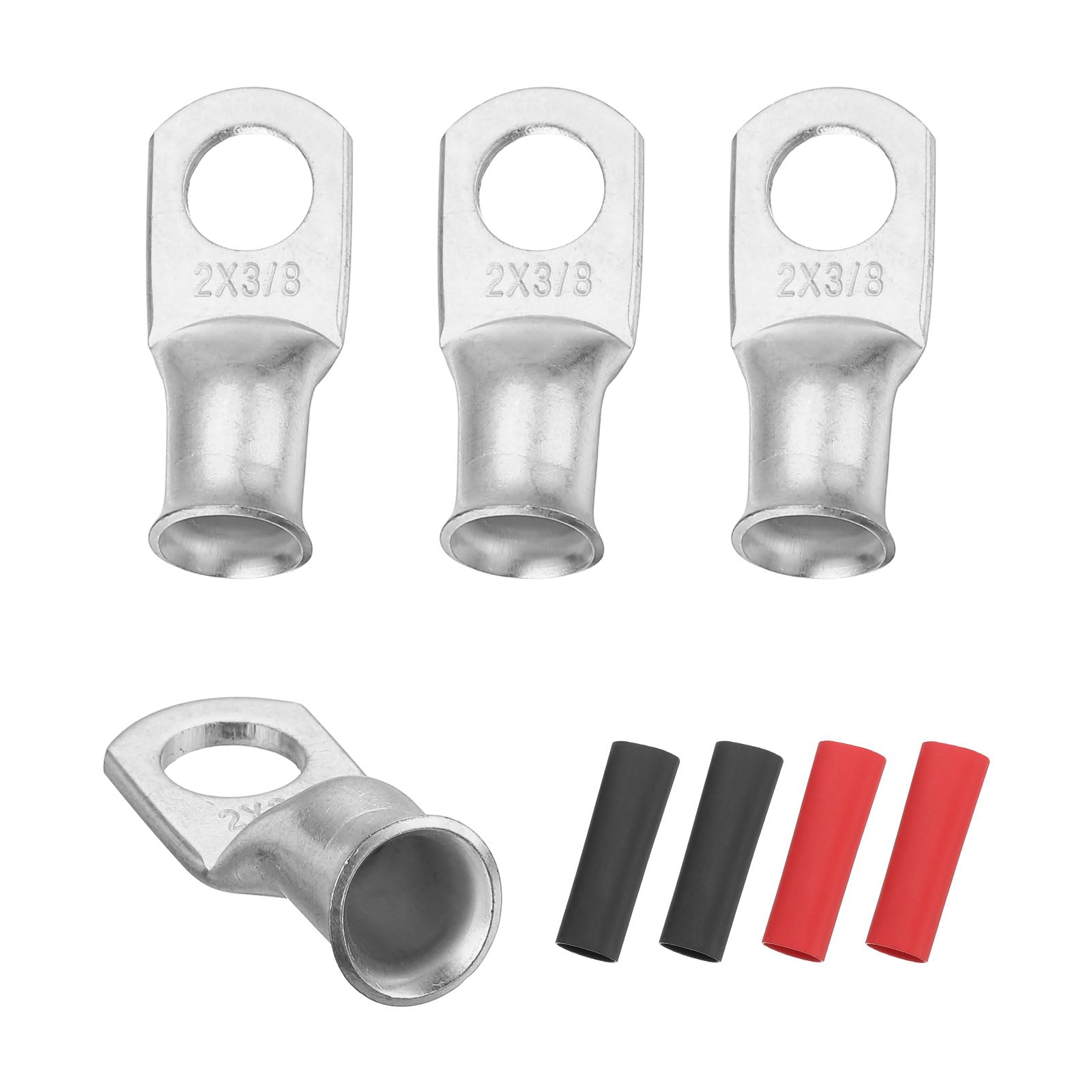 sourcing map 4pcs 2 AWG M10 Battery Lugs Ring Terminals, 3/8" 10mm Stud Crimp Wire Terminal Connector End Copper, 3:1 Heat Shrink Tubing, Silver — image 1