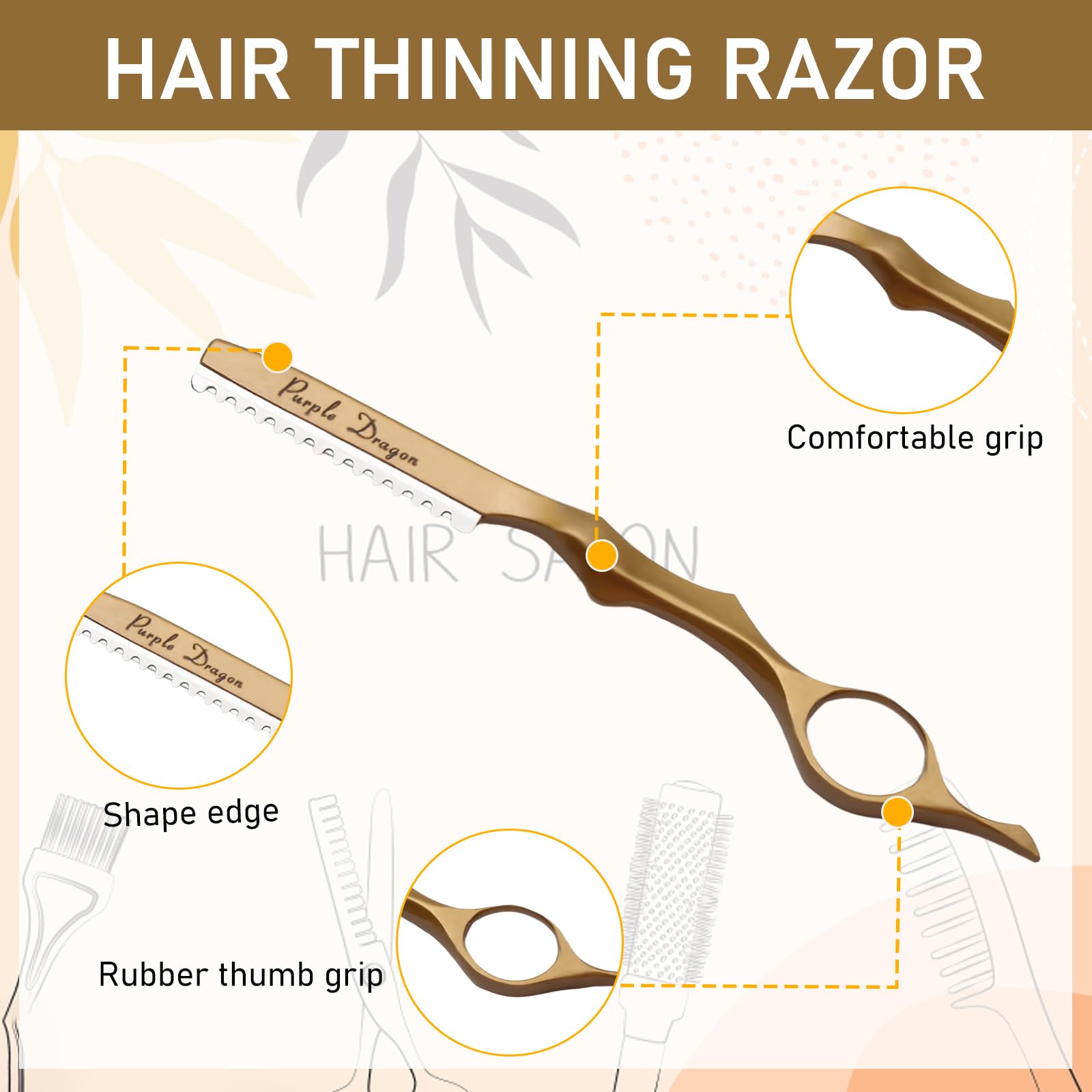 Cuchillo para Adelgazar el Cabello, Cuchilla de Afeitar de Peinado, Maquinillas de Afeitar Texturizadoras de Corte Manual de Cabello con 10 Navajas de Repuesto (Oro)