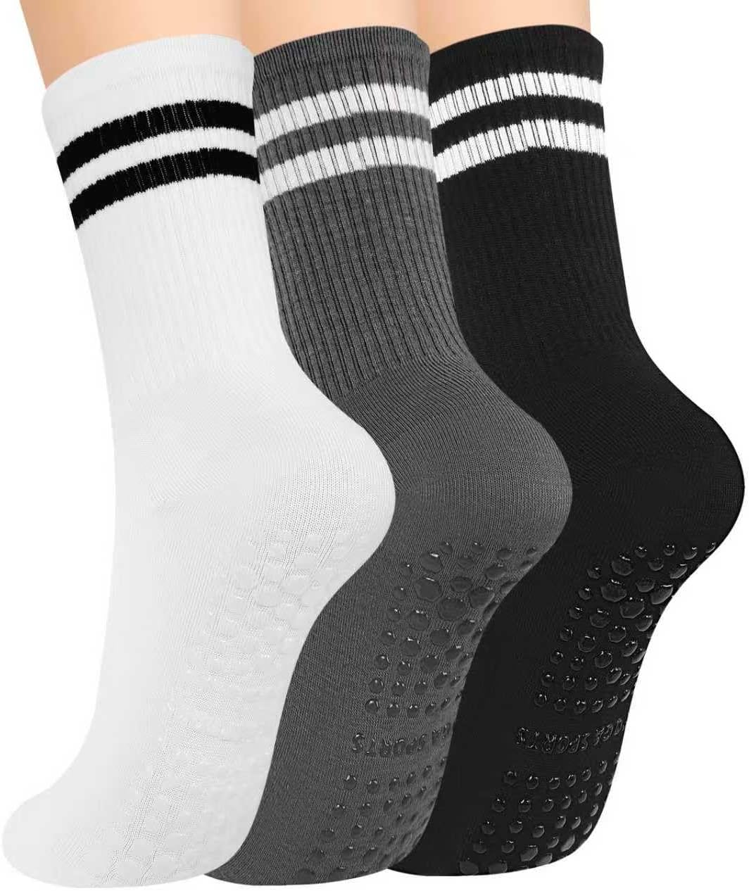 Pilates Yoga Socks with Grips for Women - Crew Length Ballet Barre Socks - Sticky Workout Hospital Socks