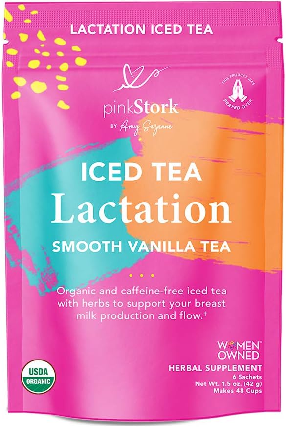 Pink Stork Iced Lactation Tea: Smooth Vanilla Nursing Support Tea, 100% Organic, Supports Breastfeeding + Breast Milk Supply with Fenugreek, Women-Owned, 6 Sachets