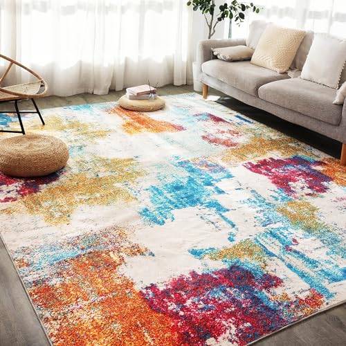 Carvapet Rugs for Living Room, Colorful Modern Abstract Low Pile Large Carpet with Rubber Backing, Foldable, Non Slip Machine Washable (9 x 6 Feet Rectangular, Red Area Rug)
