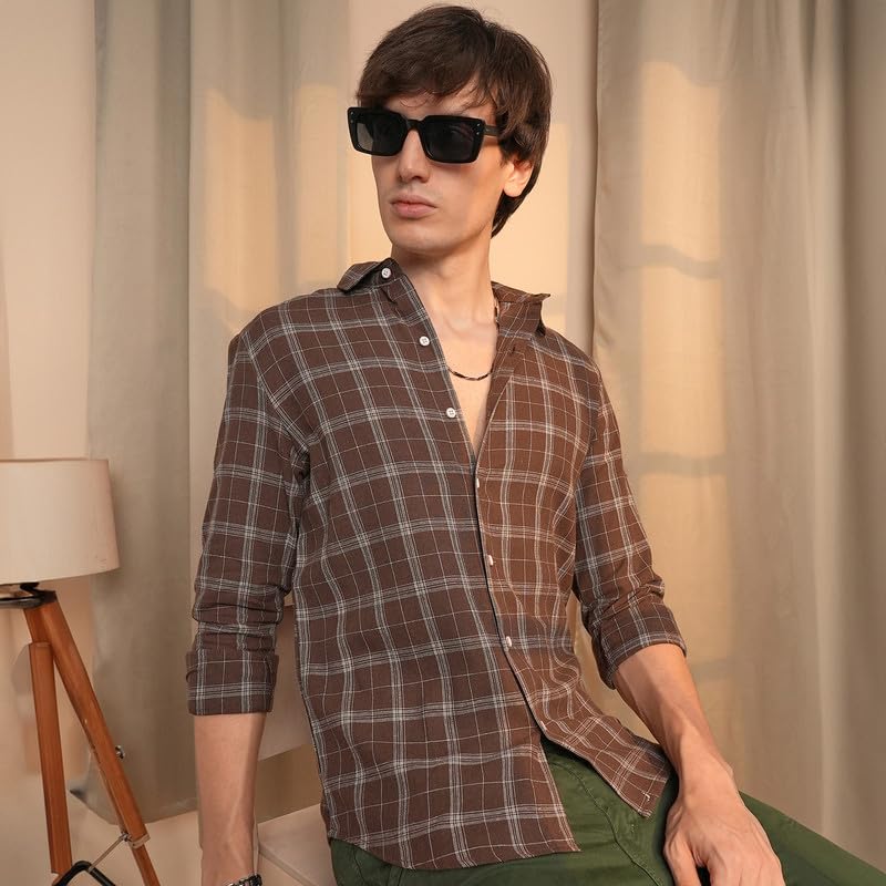 Campus Sutra Men's Tartan Plaid Polycotton Regular Fit Shirt Casual Wear | Spread Collar | Long Sleeve | Button Closure | Shirt Crafted With Comfort Fit For Everyday Wear