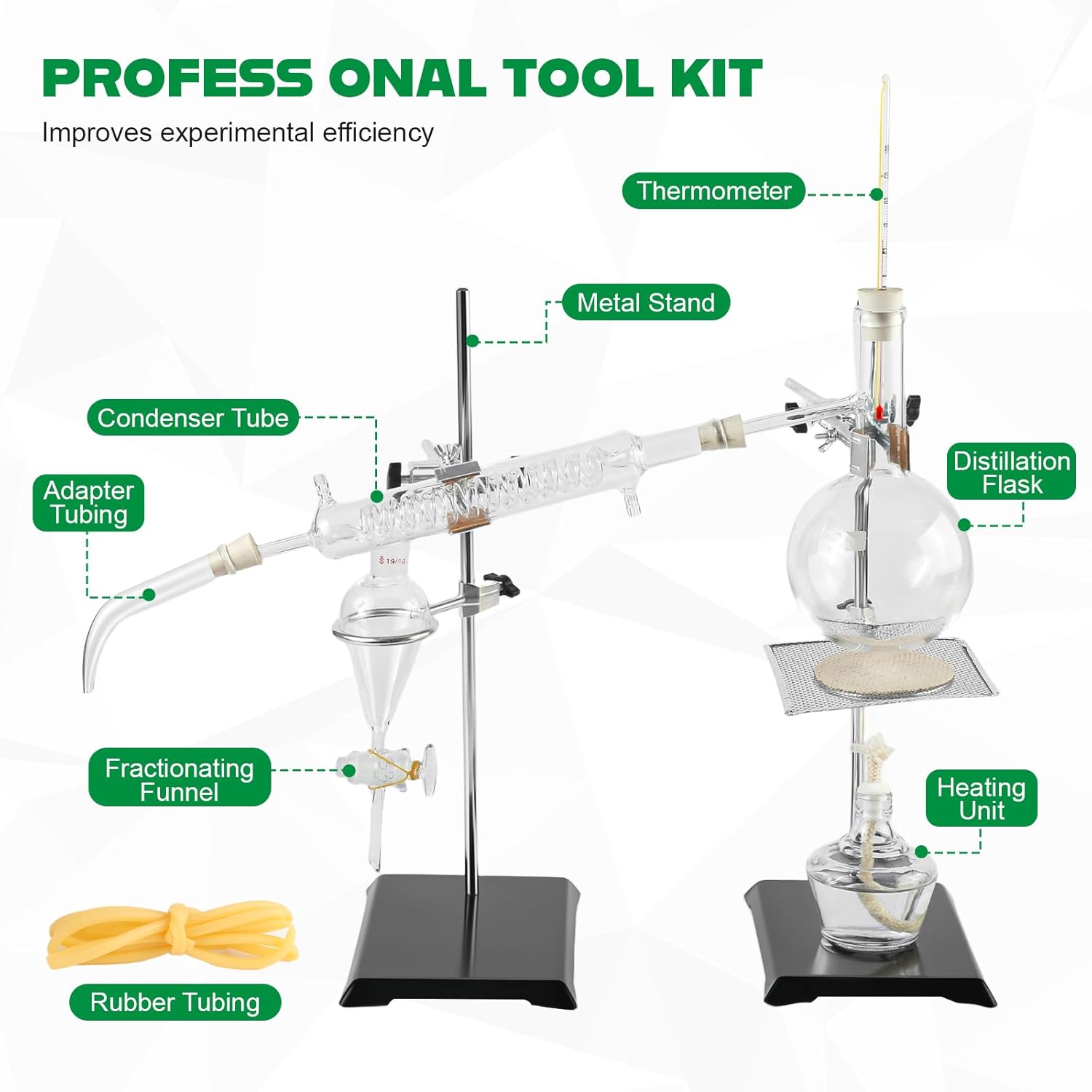 Essential Oil Distillation Kit, 500ml Distillation Apparatus, 3.3 Boro Lab Glassware Distillation Kit with Alcohol Lamp, Ceramic Mesh and 24, 40 Joint, 28 pcs Set