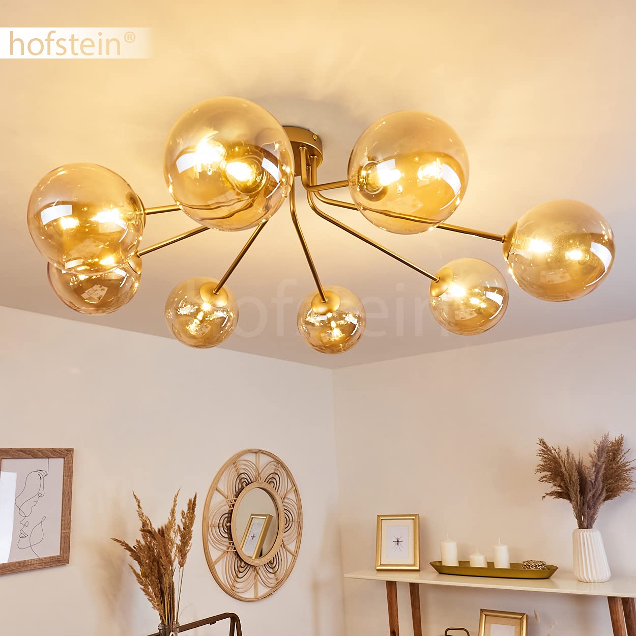 Lampada da soffitto Alden, lampada da soffitto a 8 luci in metallo/vetro in ottone/champagne, lampada moderna con paralumi in vetro (Ø 15 cm) dal design vintage, 8 x G9, senza lampadina/e