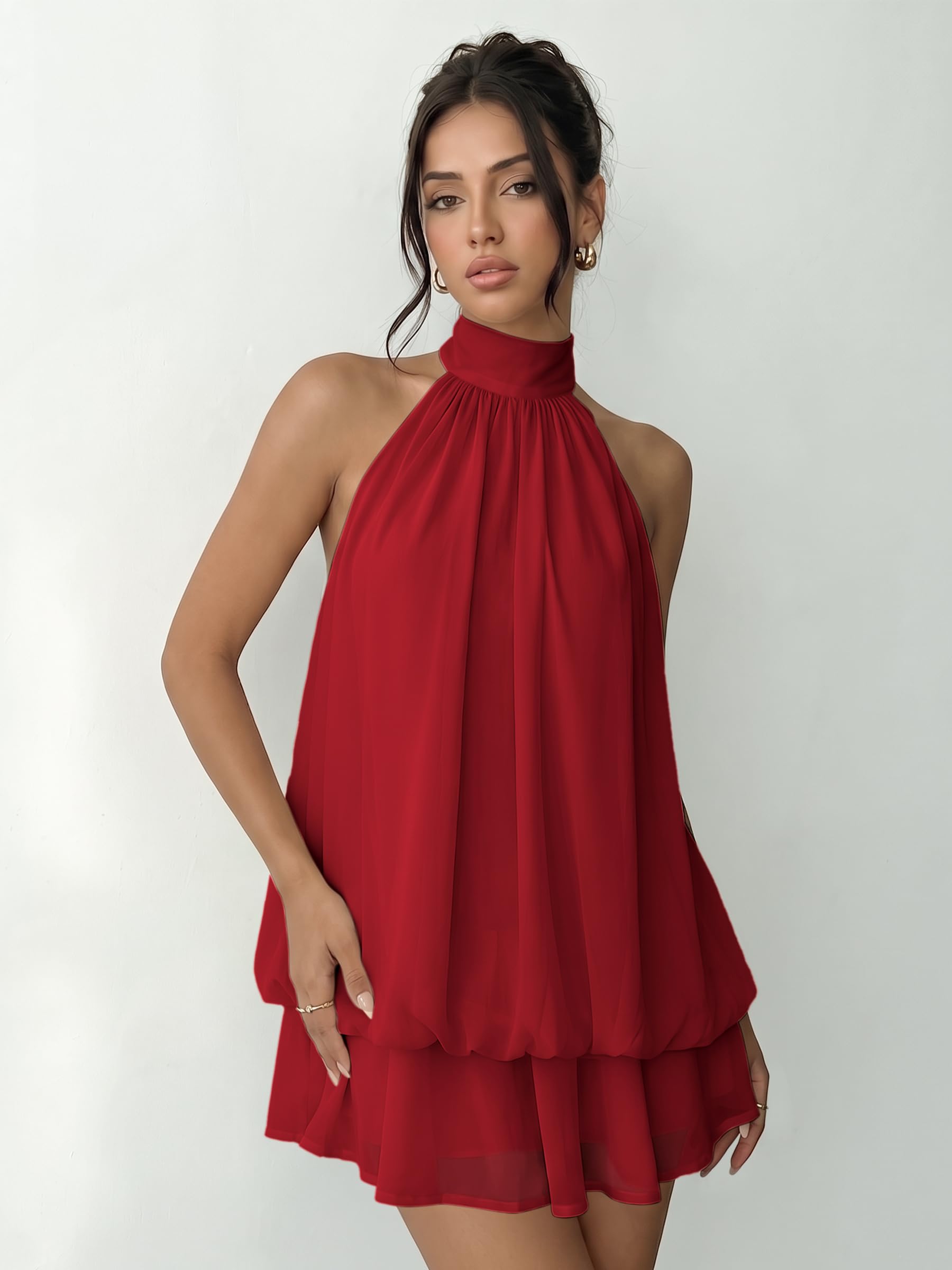 Vestido Mujer Sexy Sin Mangas Mini Vestidos Halter Elegantes Verano Vestido Espalda Descubierta con Volantes Ligero Fluido Vestidos Holgado de Gasa Casual Dress para Fiesta Playa Cocktail