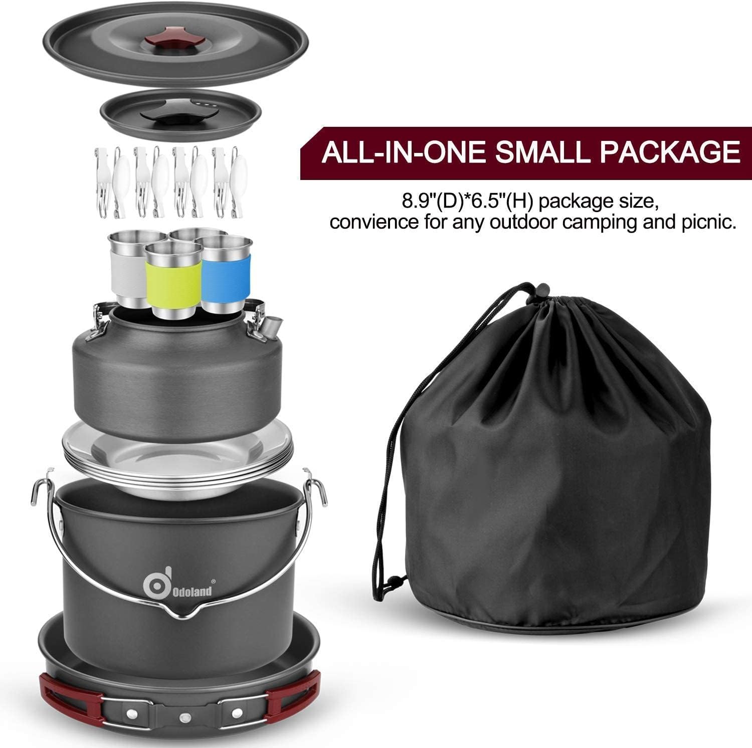 Odoland Bundle – 2 Items 22pcs Camping Cookware Mess Kit and 3500W Windrpoof Camp Stove Camping Gas Stove Kit