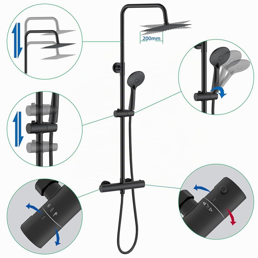 AICA Colonna Doccia con Miscelatore Termostatico, Rubinetto Doccia Soffione Doccia Quadrato in Acciaio Inox 20x20cm, Doccetta Tonda da 108mm, Altezza Regolabile 735-1170mm, Set Doccia Completo Nero