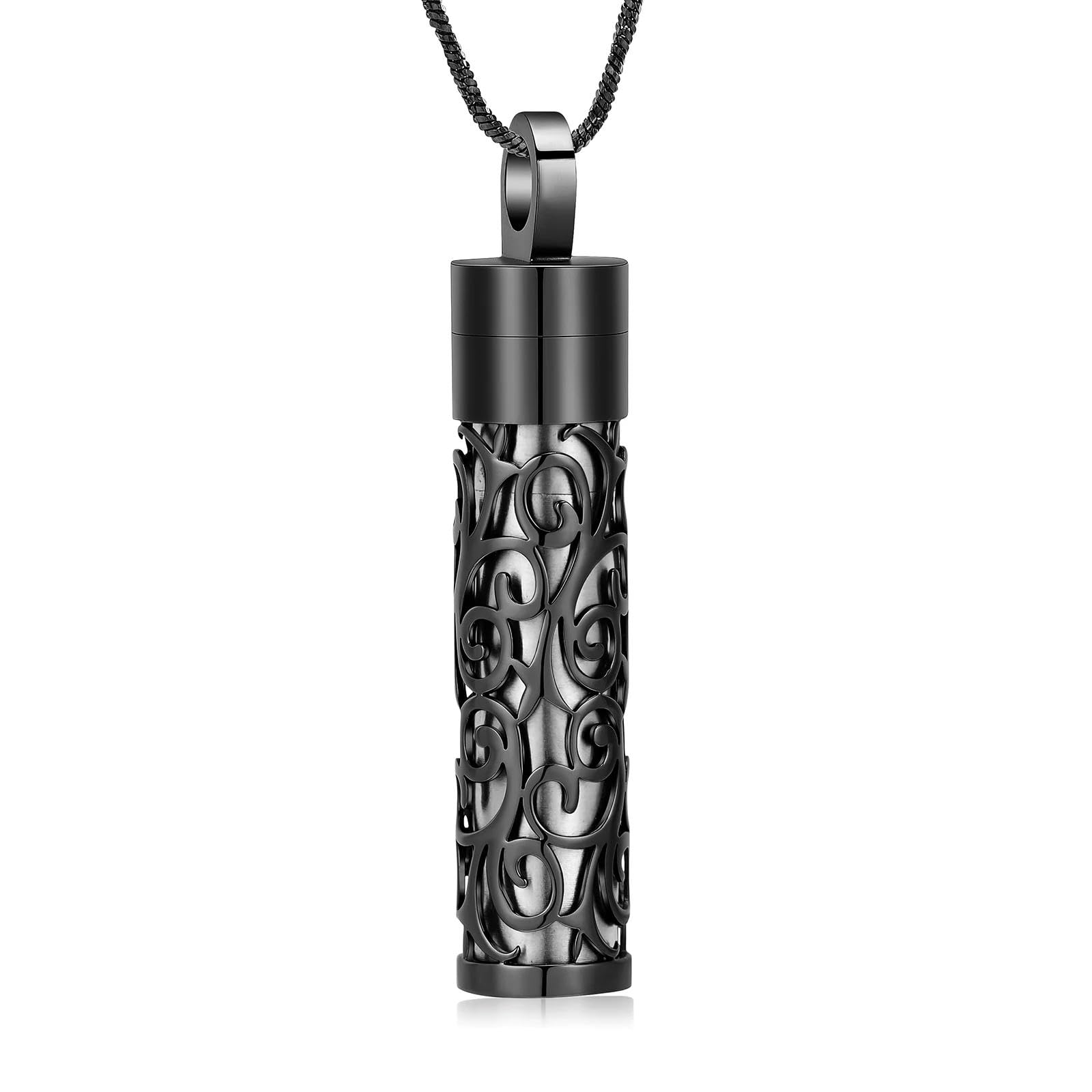 Collier urne funéraire cylindrique acier noir étanche médaillon