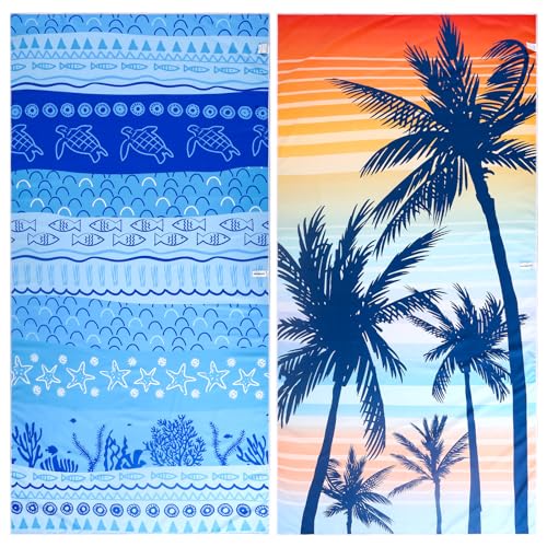 2 Pack Microfiber Beach Towel, Oversized Pool Towel 72' x 36', Sand-Free Beach Towel, Quick Drying Camping Towel, Super Absorbent Bath Towel for Vacation Essentials Adult Gift (Sea Floor+Coconut Tree)