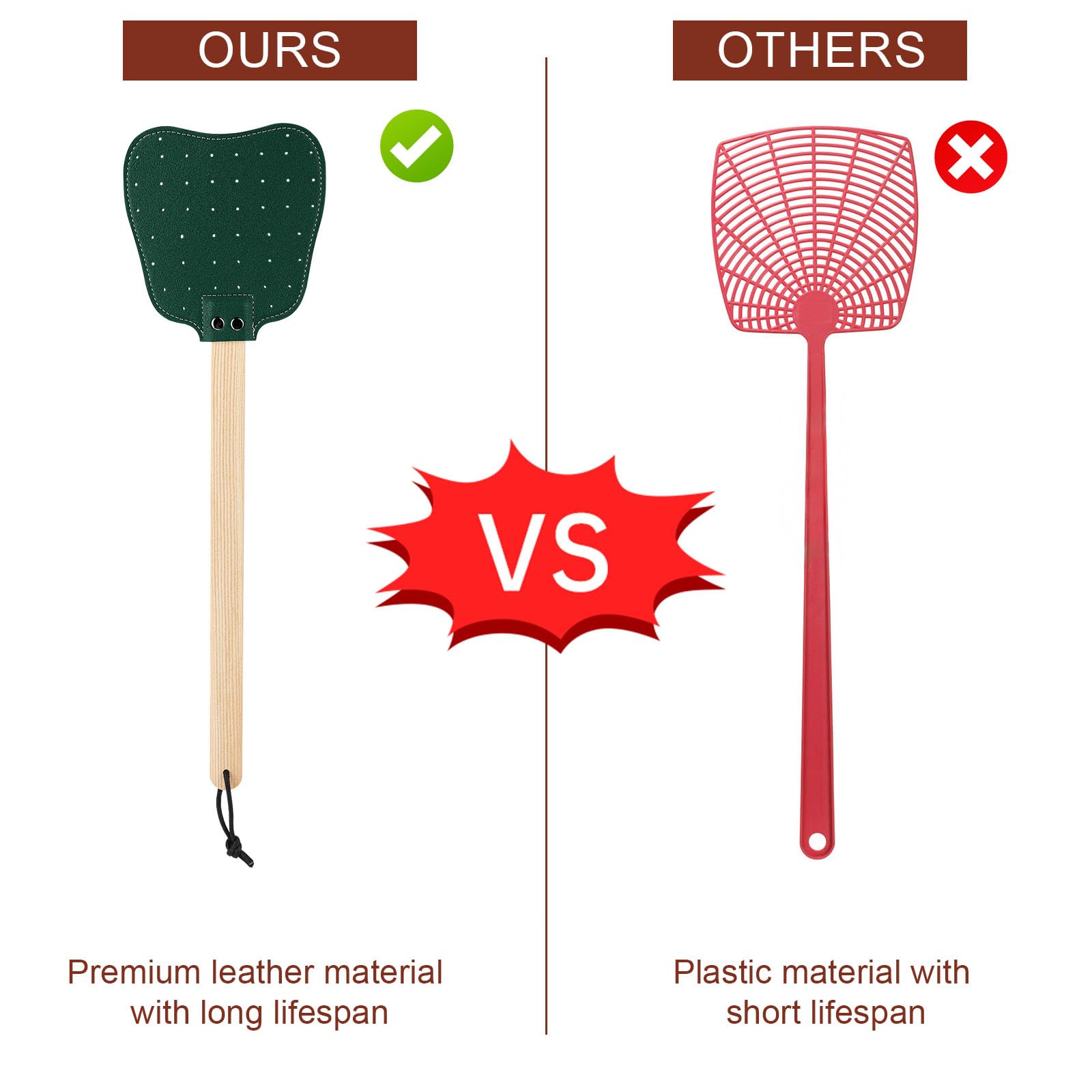 2pcs Leather Fly Swatters, Long Wooden Handle Manual Fly Swatters with Hanging Rope Heavy Duty Practical Leather Fly Swatters Indoors for Fly Mosquitoes Bees(Brown, Dark Green) - Image 3