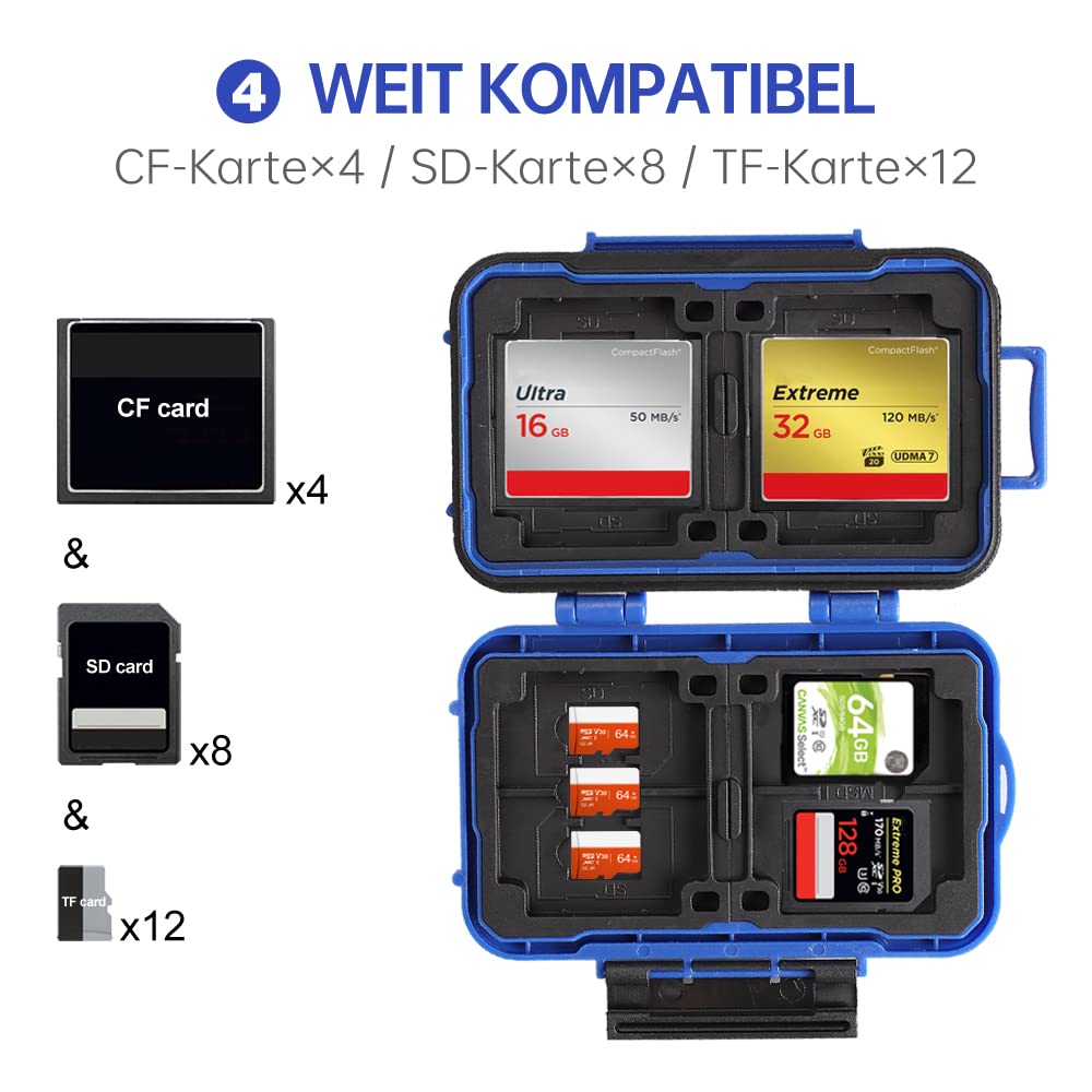 LYNCA Custodia per schede di memoria, custodia per schede SD, impermeabile, anti-shock, impermeabile, per 8 schede SD, 4 schede CF, 12 schede Micro SD/TF (blu)