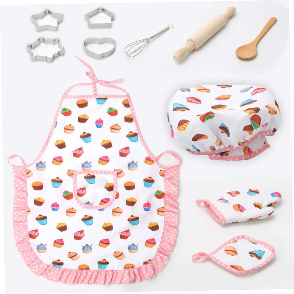 Juego de Cocina Infantil para Niñas Delantal, Gorro y 4 Moldes Adhesivos, Material de Tela Lavable y Fácil de Transportar para Juegos de Cocina y Vacaciones