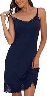 Slip for Women Under Dress Satin Silky Sleepwear Lace Trim V Neck Adjustable Spaghetti Straps Nightgown Cooling Feel