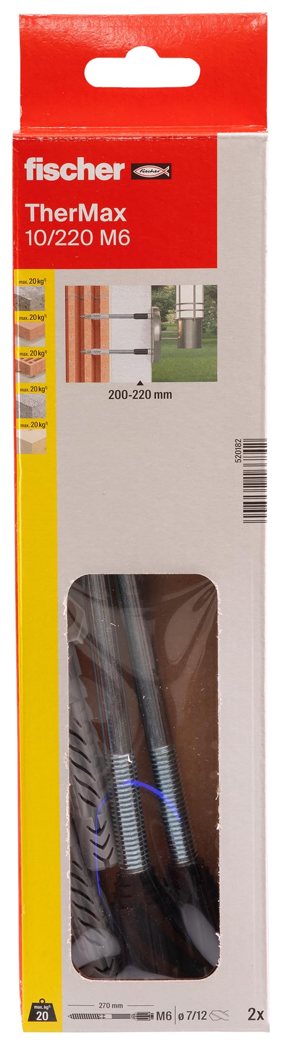 fischer Abstandsmontagesystem TherMax 10 / 220 M6 (2) für Dämmstoffe, Dämmstoffdübel zur Befestigung leichter Lasten in Wärmedämmverbundsystemen, mit Anti-Kälte-Konus