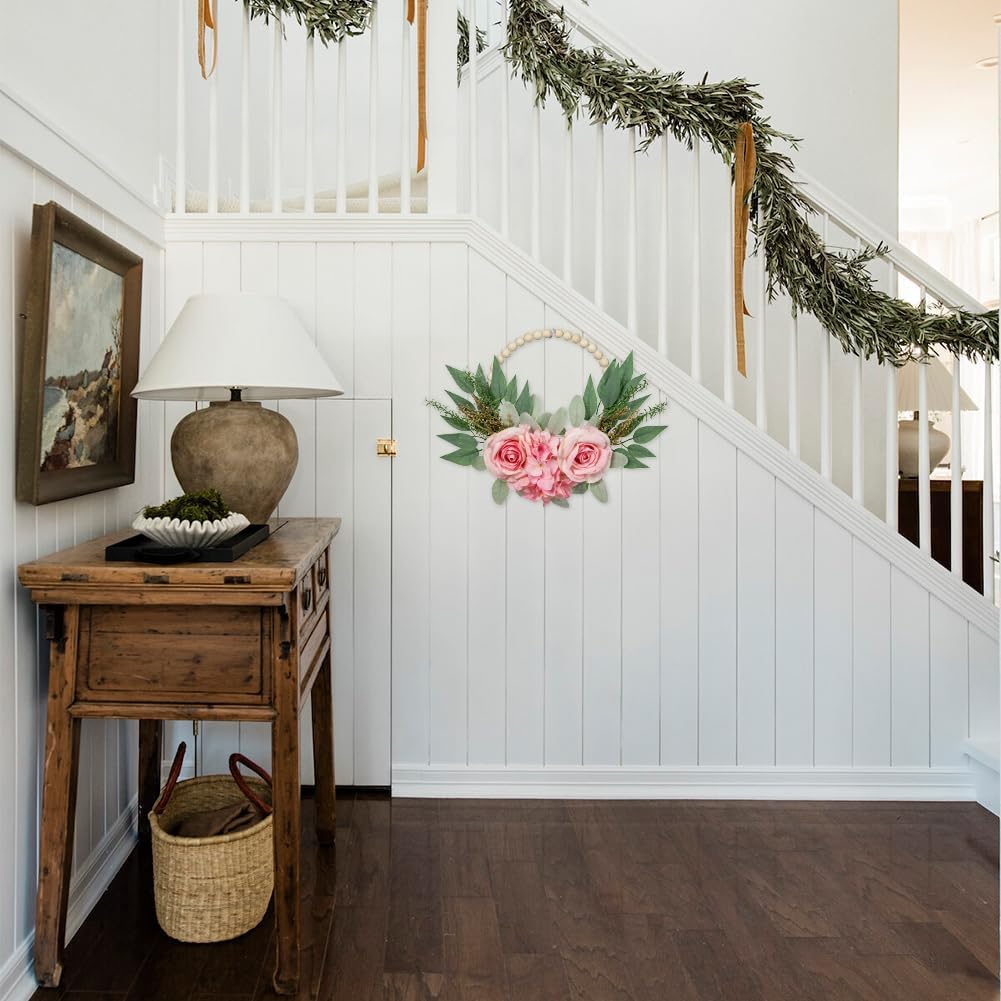 DILATATA 10" Artificial Floral Wood Bead Wreaths - Eucalyptus Leaves, Rose, Hydrangea - Boho Farmhouse Wall Decor - 2 Pack - Pink