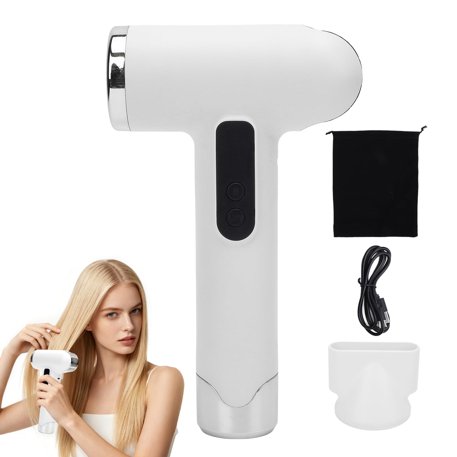 Sèche-Cheveux Sans Fil, Petit Seche Cheveux, 3 Températures, avec Buse et écran Numérique, 100000RPM 15000Mah Batterie Rechargeable USB, pour le Voyage en Dortoir (Blanc)