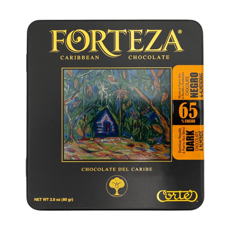 FORTEZA by Chocolate Cortés Origen 65% Dark Chocolate blend from Puerto Rico and Dominican Republic with Almonds Two Pack Tin 2.8oz