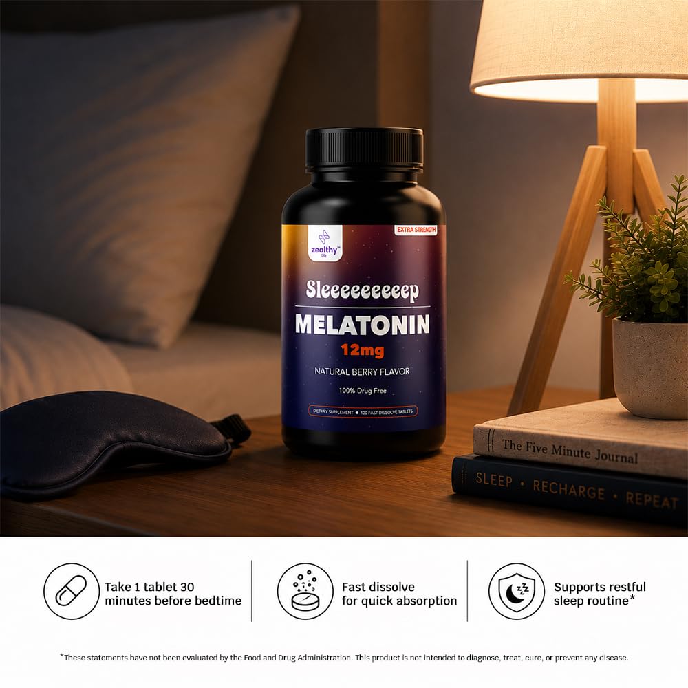 Melatonin Fast Dissolve 12mg Tablets, Natural Berry Flavor, 100 Count, Extra Strength Sleep Support for Adults, Non-Habit Forming, 100-Day Supply — Amazon image 6