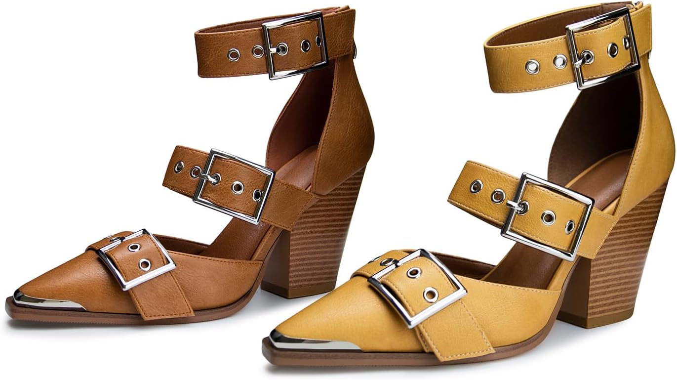 Women's Pointed Toe Pumps Chunky Wedge Heels Ankle Strap Western Sandals Metal Buckle Comfortable Fashion Casual Dress Shoes