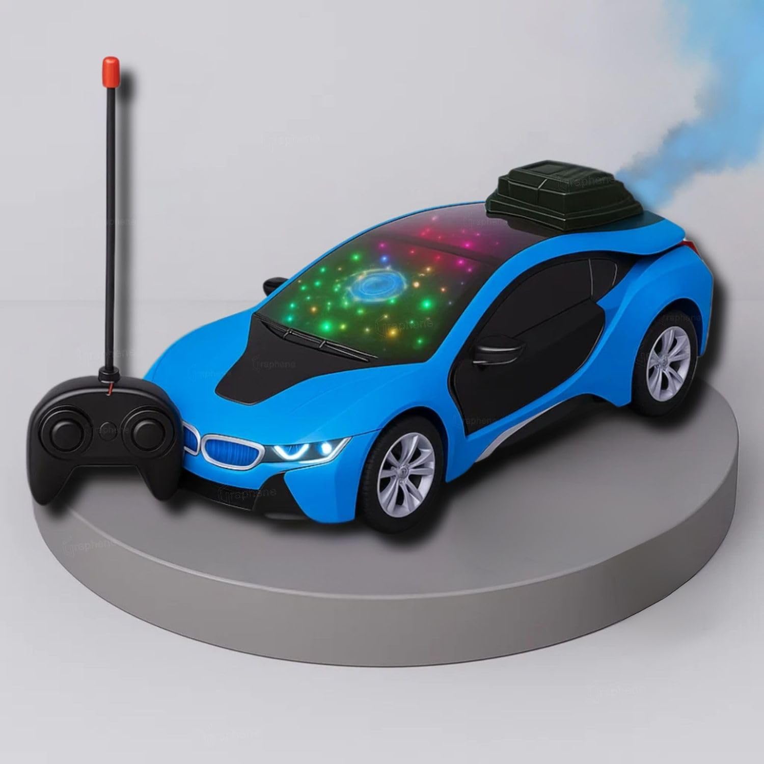 GRAPHENE Remote Control Chargeable 3D Famous Smoke Car with Flashing Light, Radio Control Race car for Kids for 3-12 Year Old Kid Birthday Remote Control Rechargeable Blue Car (Pack of 1)