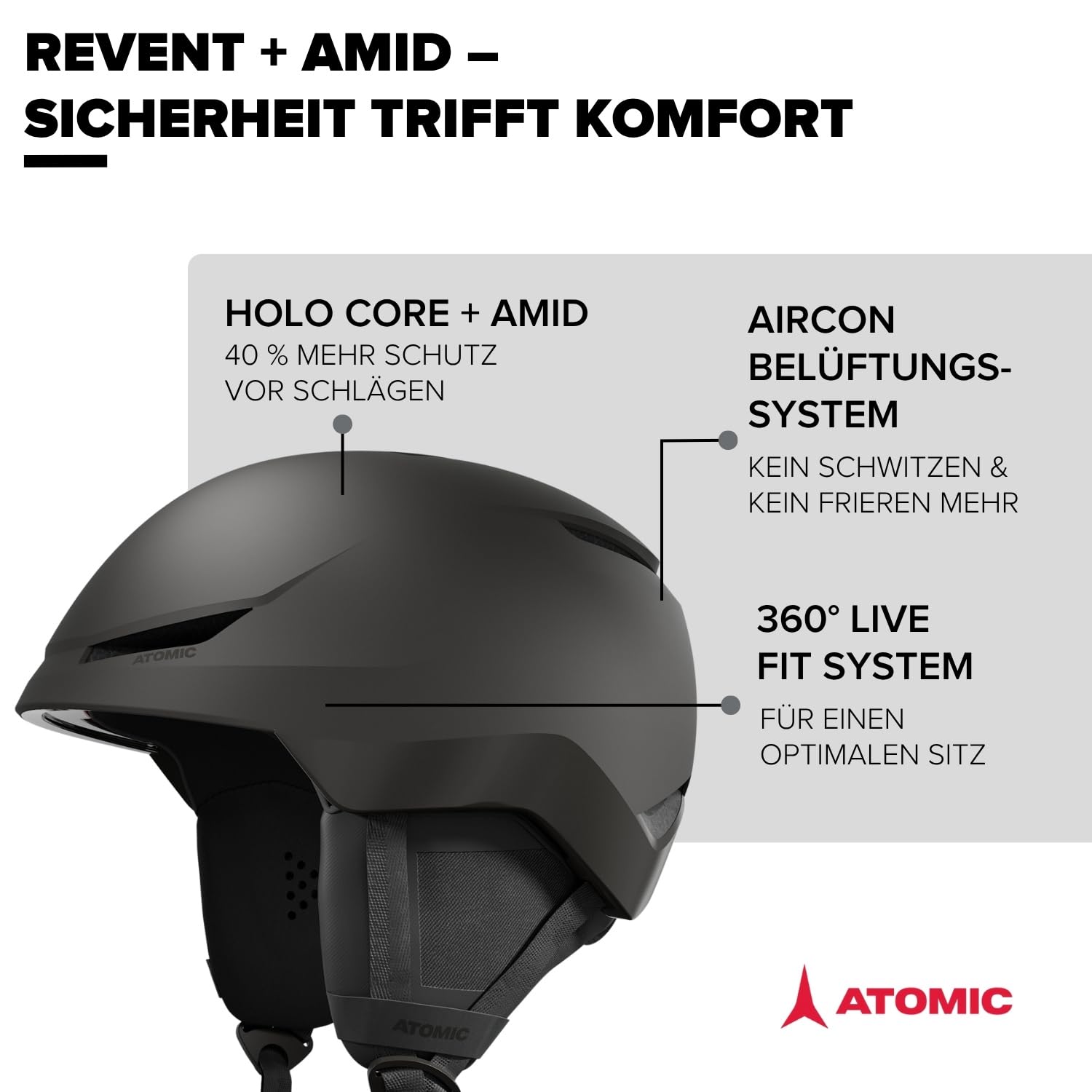 ATOMIC REVENT AMID Skihelm - Snowboard & Ski Helm mit 360° Fit System & Active Aircon Belüftungssystem - Holo Core & AMID-Technologie für maximale Stoßdämpfung