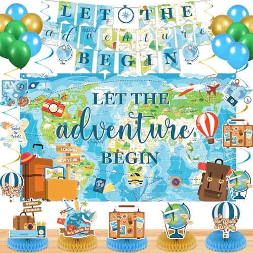 Travel Party Decorations Set Let the Adventure Begin Banner Hanging Swirls Adventure Awaits Honeycomb Centerpiece Balloons for Travel Birthday Baby Shower Graduation Retirement Farewell Party
