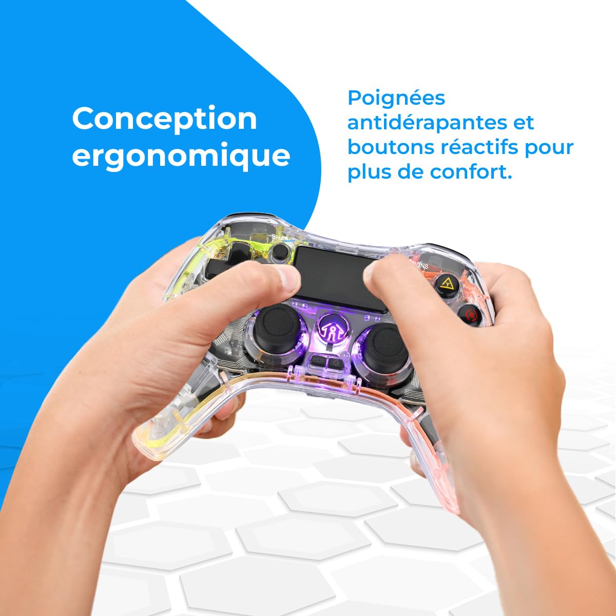 NK Manette pour PS4 / PC/Android - Manette sans fil avec 2-Shock, 6 axes, 2 boutons MACRO, 7 Modes de Lumière LED, Pavé Tactile, Prise Casque, Câble de Charge inclus - Noir Transparent