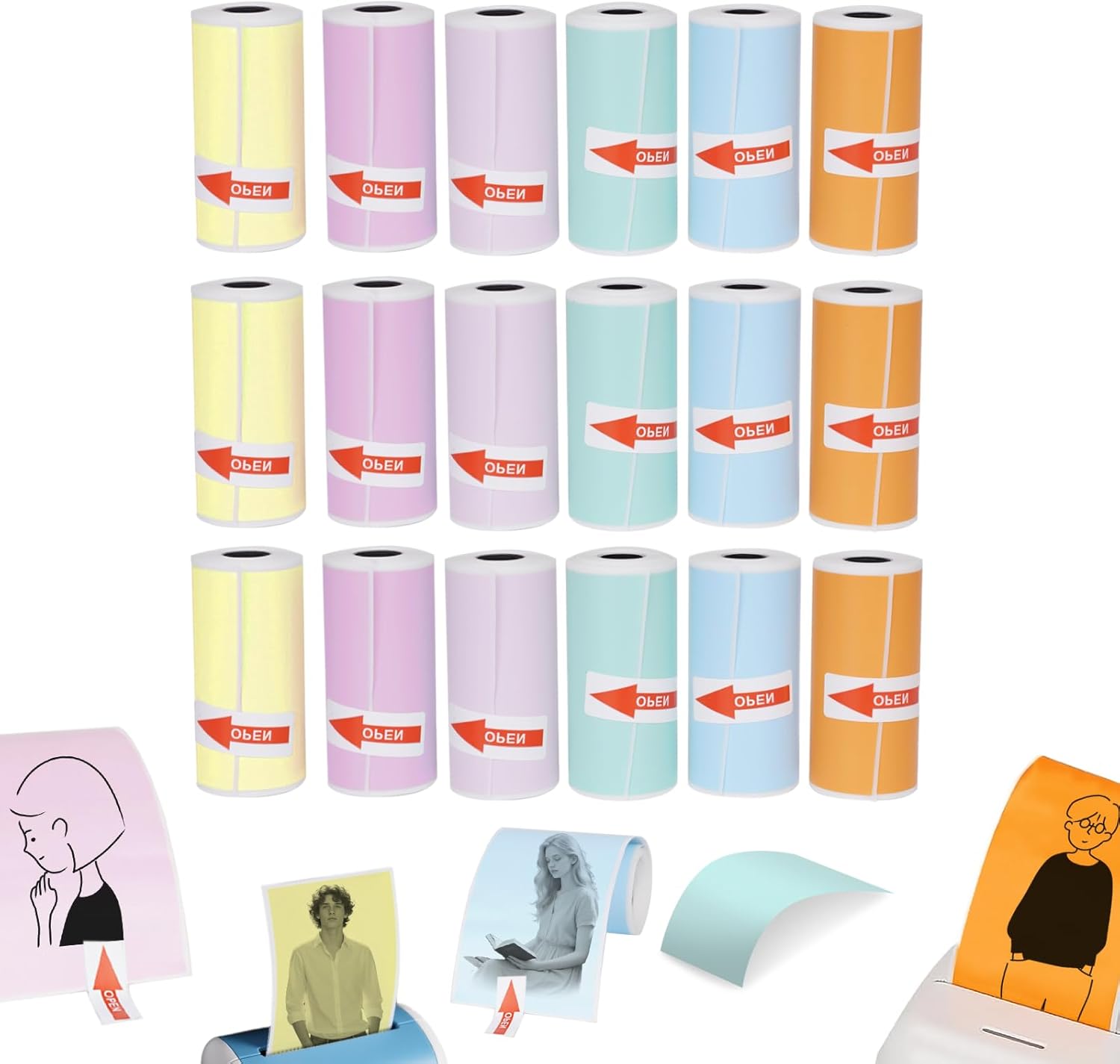 18 Rolls Thermal Printer Paper with 6 Colors,Self-Adhesive Sticker Paper for Printer, Sticky Rolls to Print Photos, Lists, Study Notes & Scrapbooking, Compatible with M02/T02(57×25mm）