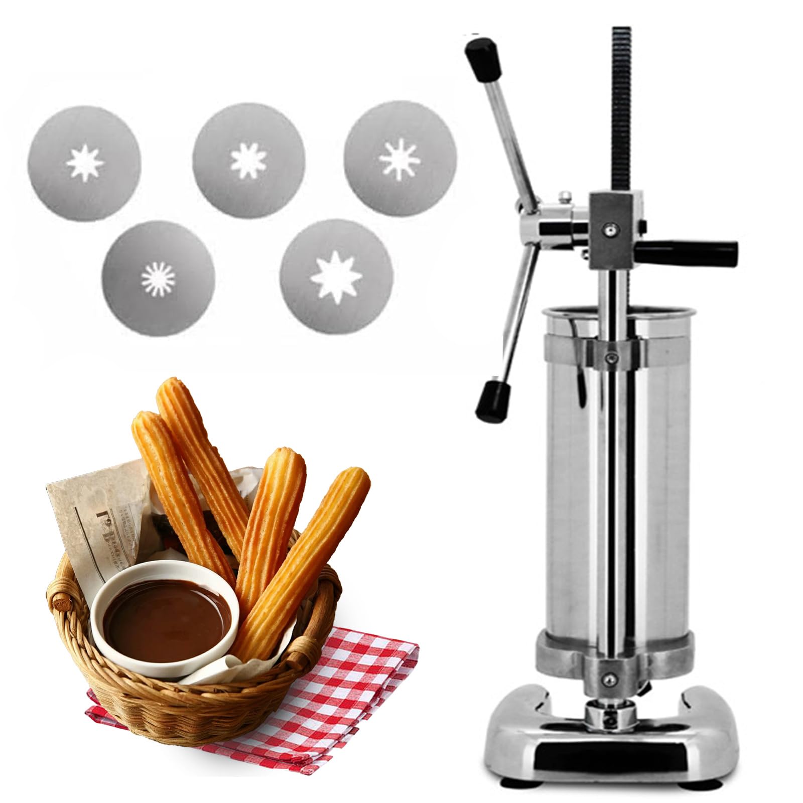 Máquina manual para hacer churros, 2L/3L Churrera española comercial con 5 moldes, diseño vertical de acero inoxidable, perfecta para relleno de churros y equipos de aperitivos, 3 L
