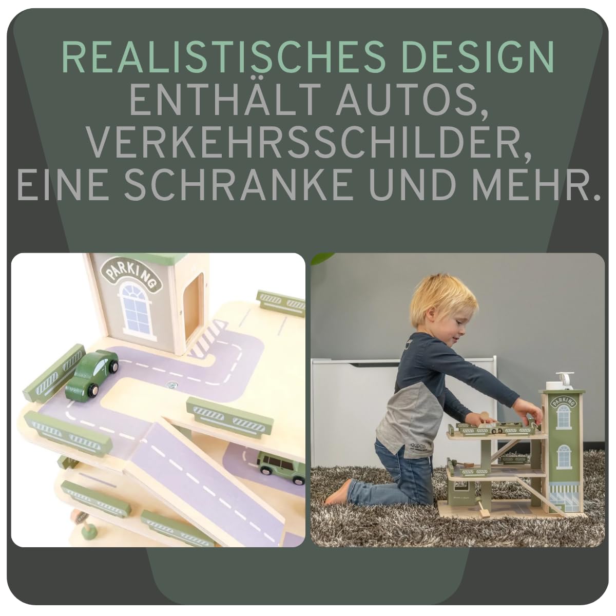 Bandits & Angels Holzspielzeuggarage Bandits Parkerlebnis mit 3 Etagen und Aufzug – inklusive 4 Autos – Spielzeugautogarage aus Holz – Retro-Grün