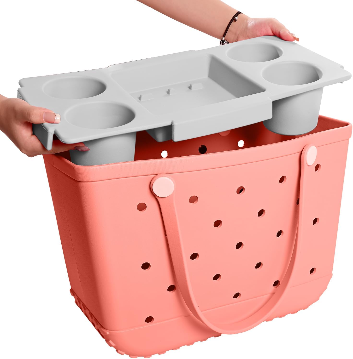 Topper Tray for Bogg Bag Large Accessories – Waterproof EVA Table Top Organizer Tote Lid with Cup Holder, Snack, Phone & Drink Holders for Beach, Pool, Picnic, Travel (Gray)